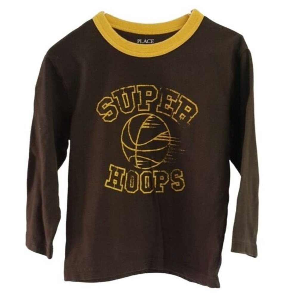 Children's Place Boys Basketball T Shirt Brown XS Long Sleeve Super Hoops Sports